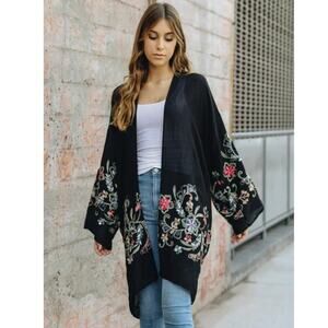Boho Embroidered Open-Front Cardigan Sweater - Black